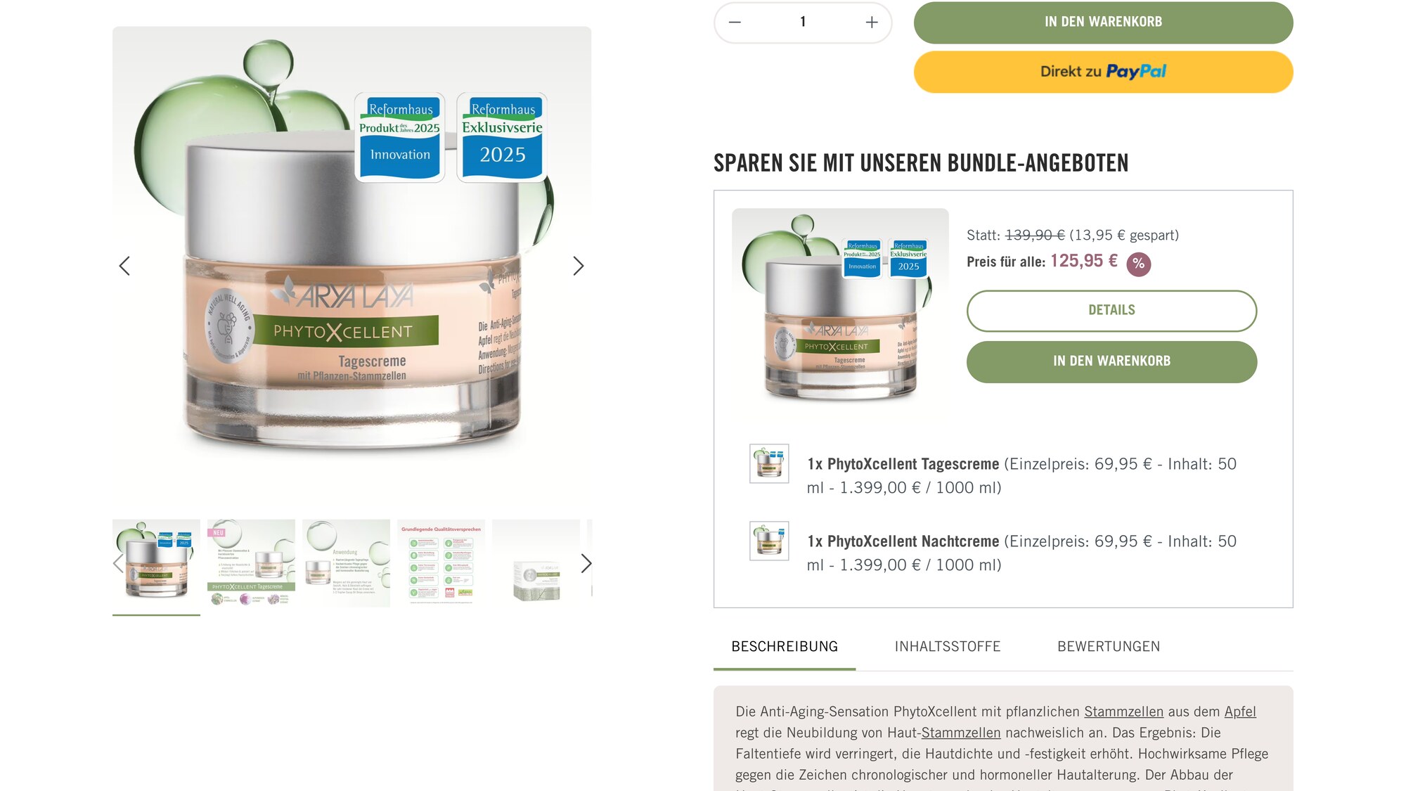 Bundle Angebot im Shopware Shop von Arya Laya mit Tagescreme und Nachtcreme für 125,95 Euro statt 139,90 Euro und zwei Warenkorbknöpfen