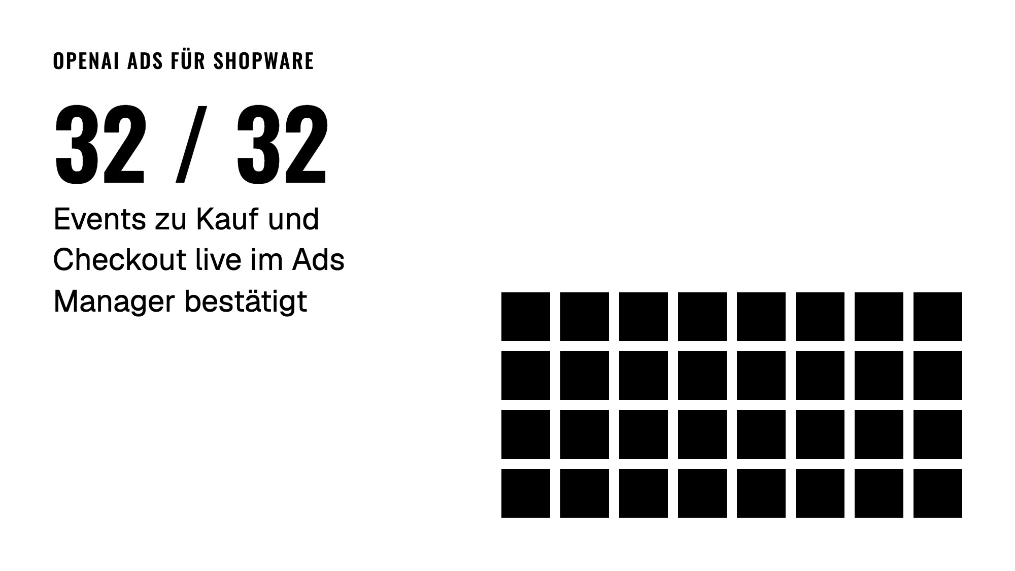 Kachel zum Plugin OpenAI Ads für Shopware: 32 von 32 Events zu Kauf und Checkout live im Ads Manager bestätigt, daneben 32 schwarze Felder