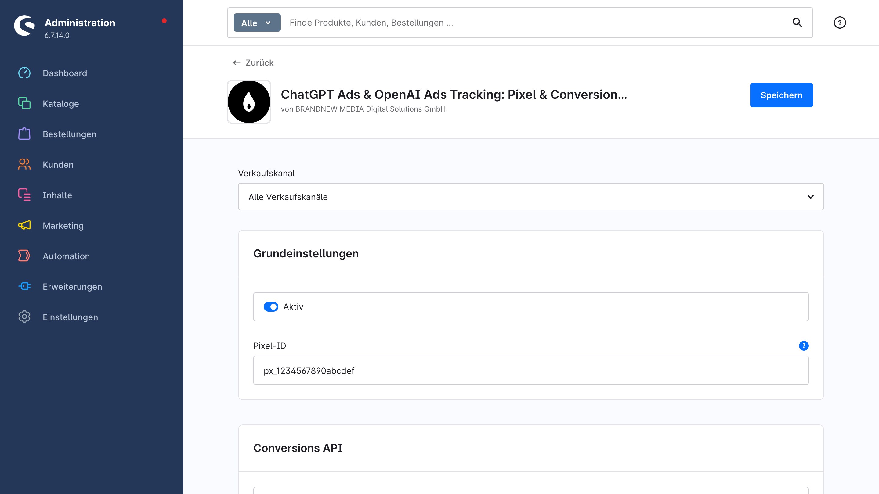 Konfiguration des Plugins ChatGPT Ads & OpenAI Ads Tracking in der Shopware Administration mit Verkaufskanal, Aktivschalter und Pixel ID