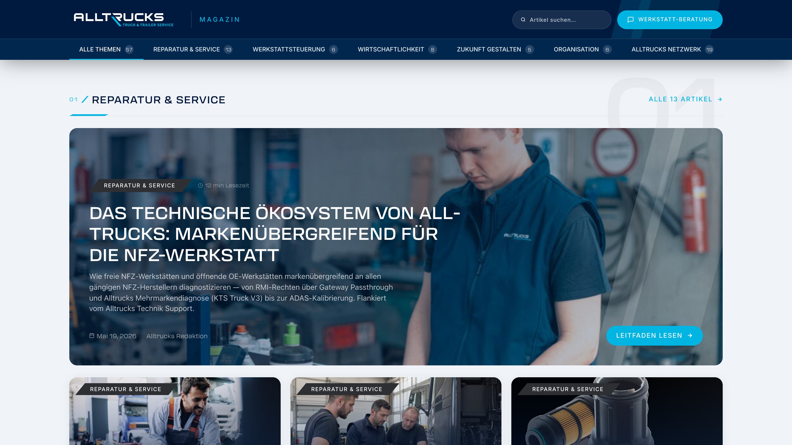 Alltrucks Website zu Reparatur und Service