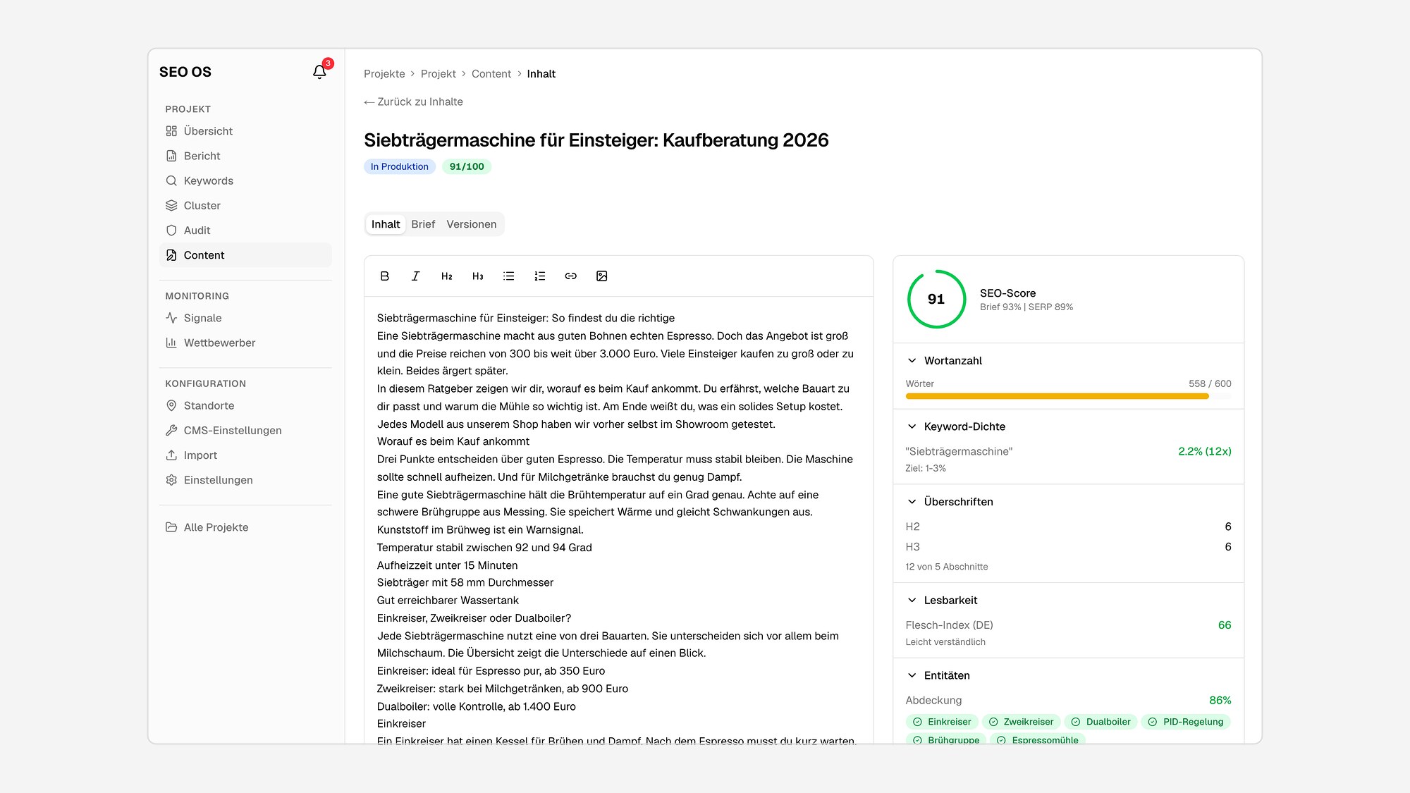 Content Editor mit Live SEO Score